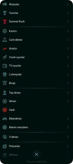 Pinko Azərbaycan saytının menyusu